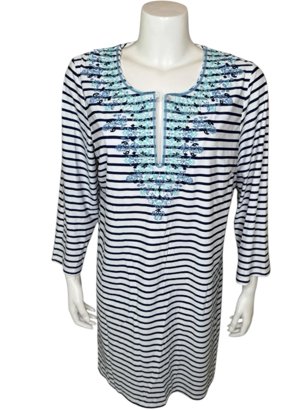 Talbots Cabana Life Swim Coverup Dress XL Embroidered Striped Blue White UPF 50